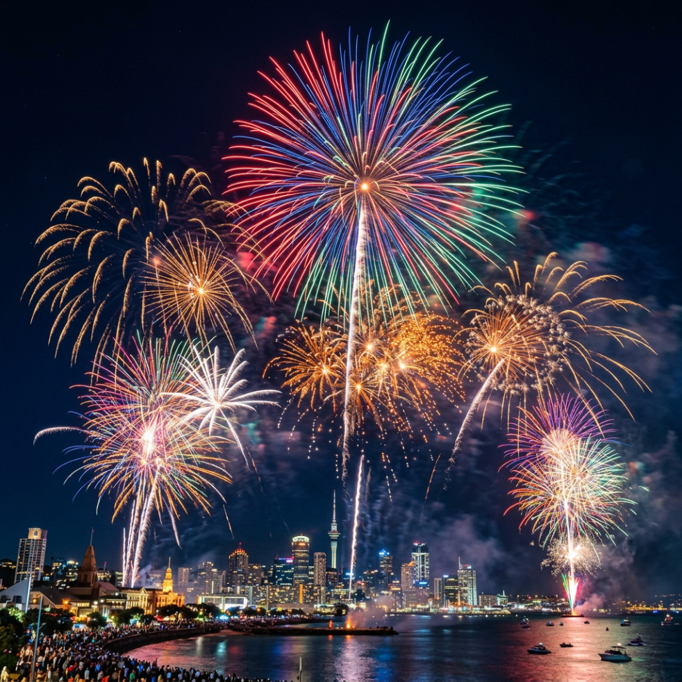 Multiple colorful fireworks exploding over a city skyline at night with reflections in the water